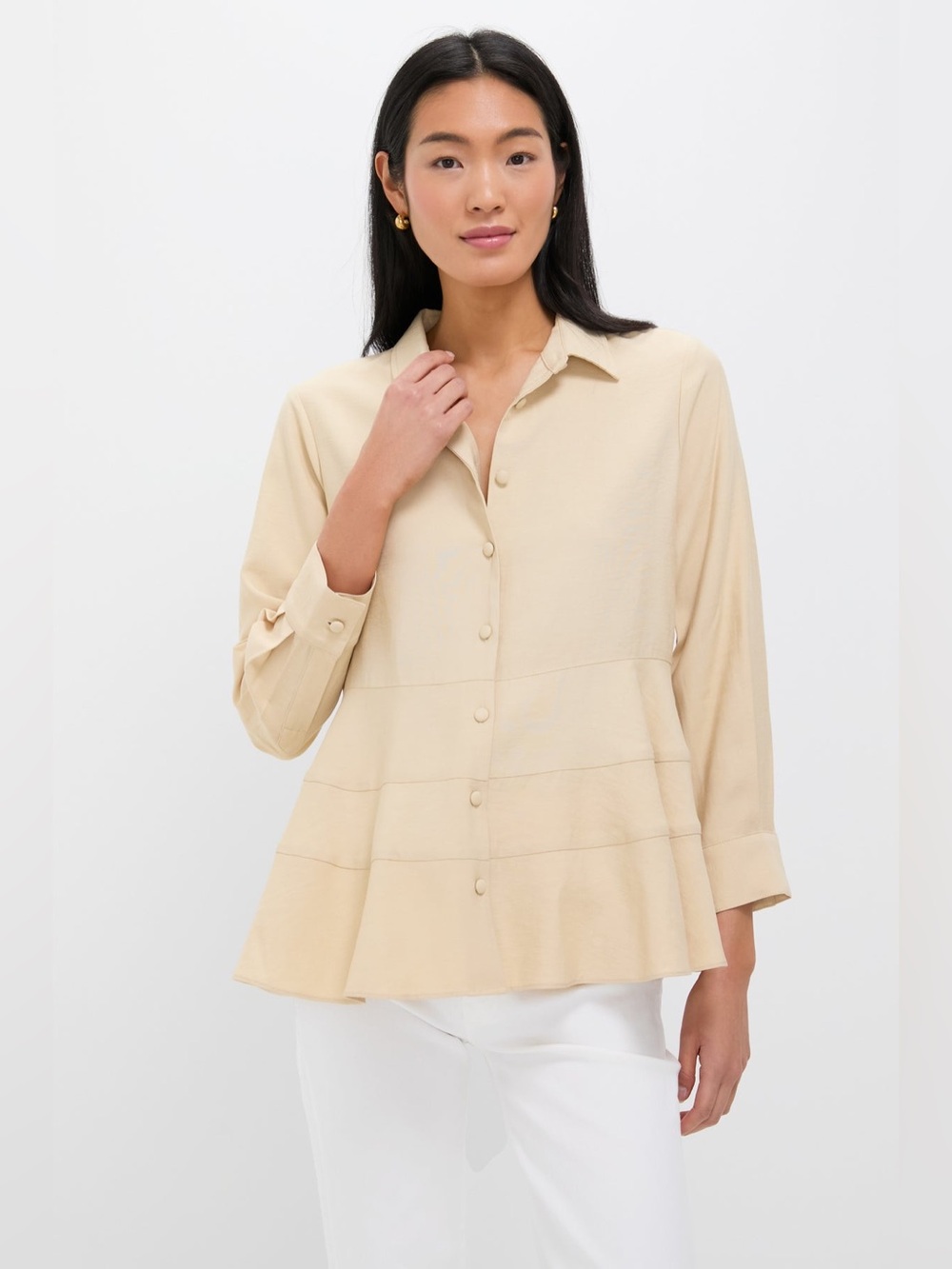 Tuckernuck Pomander Place Ashlen Tiered Button Up Blouse Tan Women’s Size Medium